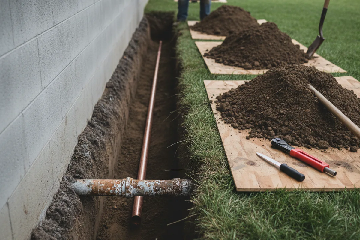Excavated water line trench during Sewer Line Repair in Pinewood